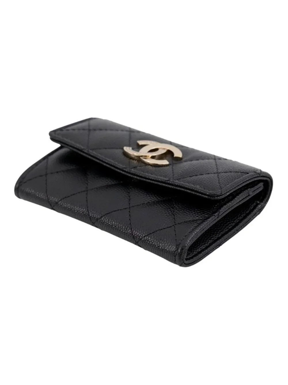 Chanel Card Case Quilted CC Logo Caviar Leather Rhinestone Business Black